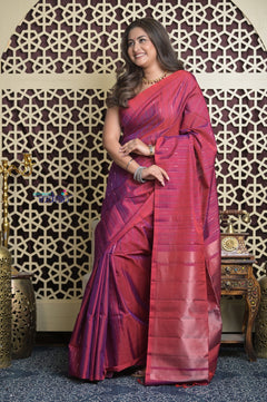 Shubh Lakshmi 2.0 ~ Handloom High Quality Pure Soft Silk Saree in Dual Tone Pink and Blue (Silk Mark Certified)