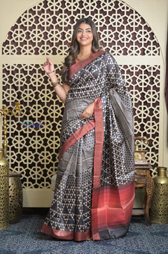 Shubh Lakshmi 2.0 ~ Handloom High Quality Pure Tussar Silk Saree with Digital Print in Black and White (Silk Mark Certified)
