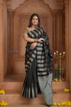Shubh Lakshmi ~ Handloom High Quality Pure Soft Silk Saree in Black and Silver (Silk Mark Certified)