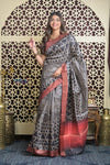 Shubh Lakshmi 2.0 ~ Handloom High Quality Pure Tussar Silk Saree with Digital Print in Black and White (Silk Mark Certified)