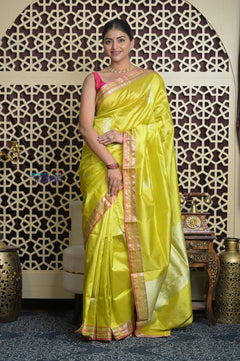 Shubh Lakshmi 2.0 ~ Handloom High Quality Pure  Katan Silk Saree in Lime Yellow and Pink (Silk Mark Certified)