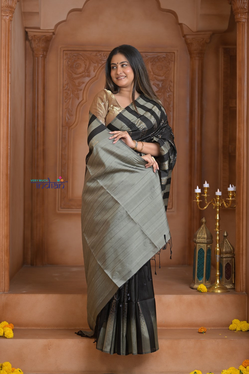 Shubh Lakshmi ~ Handloom High Quality Pure Soft Silk Saree in Black and Silver (Silk Mark Certified)