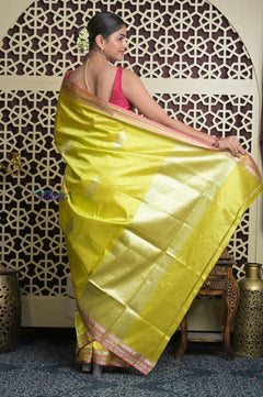 Shubh Lakshmi 2.0 ~ Handloom High Quality Pure  Katan Silk Saree in Lime Yellow and Pink (Silk Mark Certified)