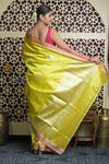 Shubh Lakshmi 2.0 ~ Handloom High Quality Pure  Katan Silk Saree in Lime Yellow and Pink (Silk Mark Certified)