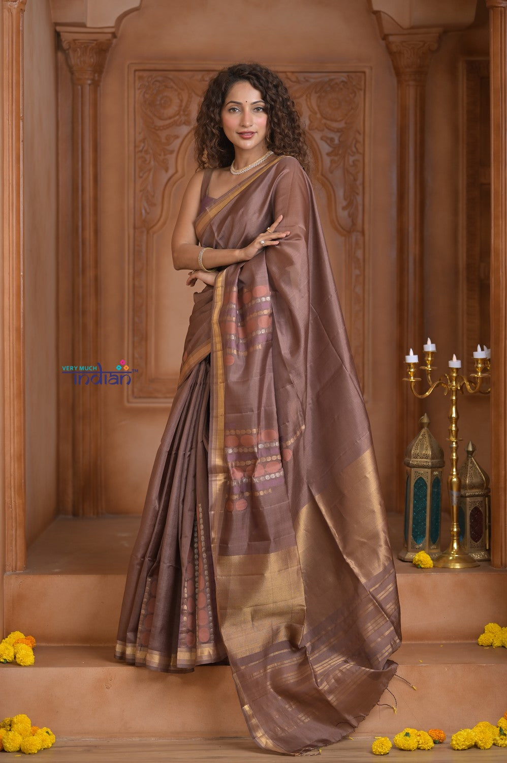 Shubh Lakshmi ~ Handloom High Quality Pure Soft Silk Saree in Pantone Brown (Silk Mark Certified)