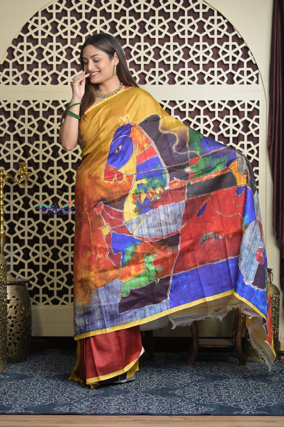 Shubh Lakshmi 2.0~ Handloom Tussar Silk Saree with Digital Print Scripture Pallu in Multicolor