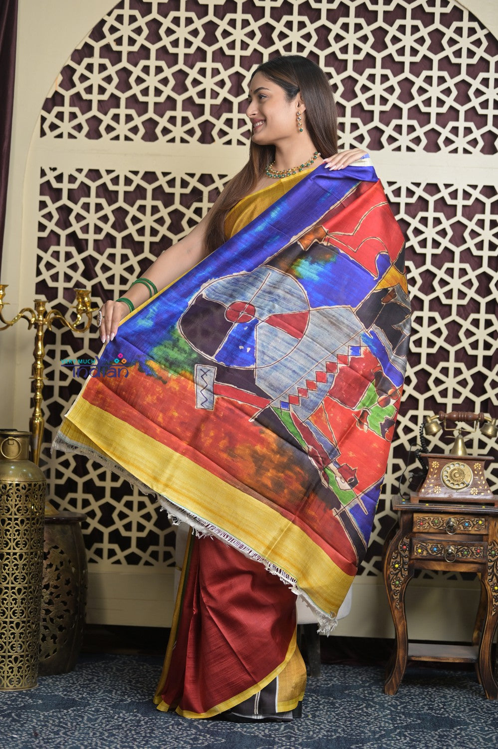 Shubh Lakshmi 2.0~ Handloom Tussar Silk Saree with Digital Print Scripture Pallu in Multicolor