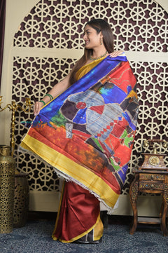 Shubh Lakshmi 2.0~ Handloom Tussar Silk Saree with Digital Print Scripture Pallu in Multicolor