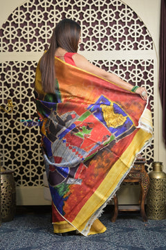 Shubh Lakshmi 2.0~ Handloom Tussar Silk Saree with Digital Print Scripture Pallu in Multicolor