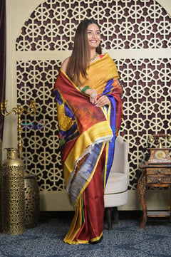 Shubh Lakshmi 2.0~ Handloom Tussar Silk Saree with Digital Print Scripture Pallu in Multicolor