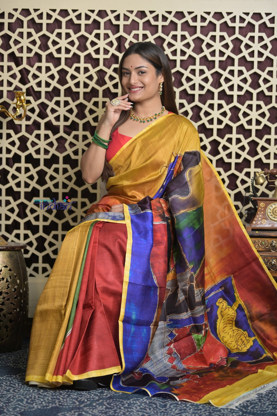 Shubh Lakshmi 2.0~ Handloom Tussar Silk Saree with Digital Print Scripture Pallu in Multicolor