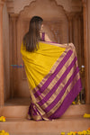 Shubh Lakshmi ~ Handloom Pure Mysore Silk Patli Pallu Crepe Saree in Yellow and Mauve Pink (Silk Mark Certified)
