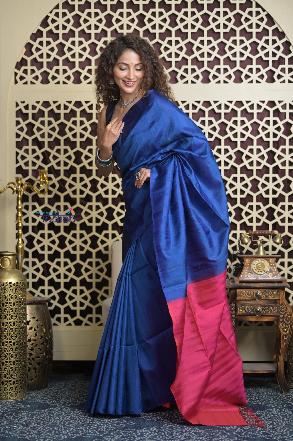 Shubh Lakshmi 2.0 ~ Handloom Pure Silk Soft Saree in Dark Blue and Pink (Silk Mark Certified)