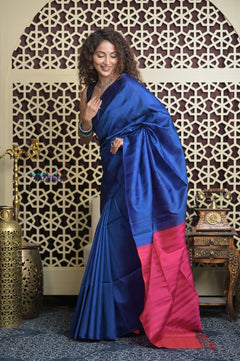 Shubh Lakshmi 2.0 ~ Handloom Pure Silk Soft Saree in Dark Blue and Pink (Silk Mark Certified)