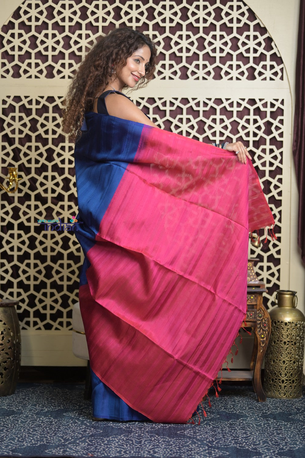 Shubh Lakshmi 2.0 ~ Handloom Pure Silk Soft Saree in Dark Blue and Pink (Silk Mark Certified)