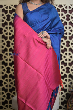Shubh Lakshmi 2.0 ~ Handloom Pure Silk Soft Saree in Dark Blue and Pink (Silk Mark Certified)