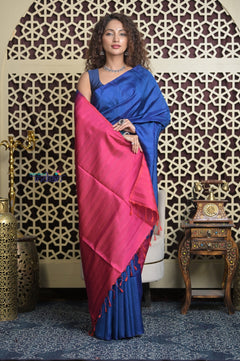 Shubh Lakshmi 2.0 ~ Handloom Pure Silk Soft Saree in Dark Blue and Pink (Silk Mark Certified)