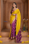 Shubh Lakshmi ~ Handloom Pure Mysore Silk Patli Pallu Crepe Saree in Yellow and Mauve Pink (Silk Mark Certified)