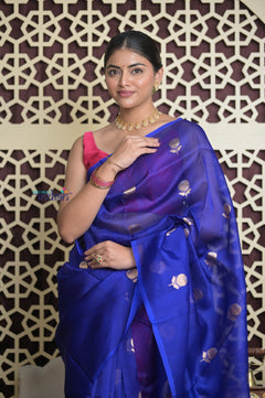 Shubh Lakshmi 2.0 ~ Handloom Pure Silk Kora Saree in Cyan Blue (Silk Mark Certified)