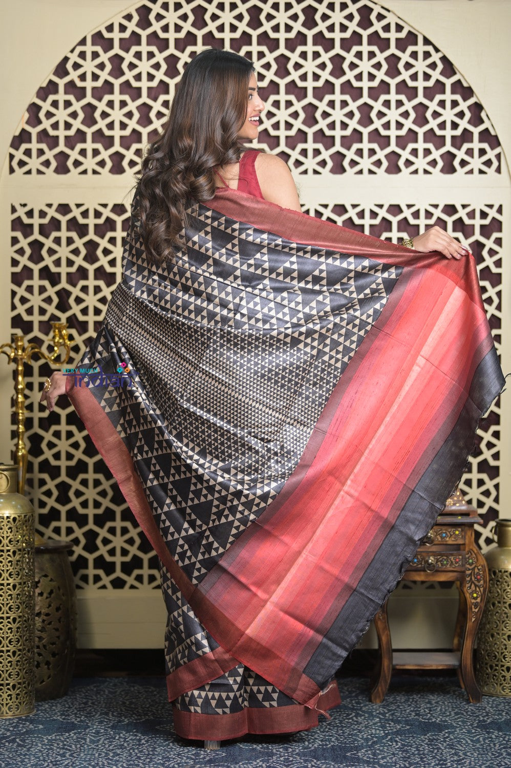 Shubh Lakshmi 2.0 ~ Handloom High Quality Pure Tussar Silk Saree with Digital Print in Black and White (Silk Mark Certified)