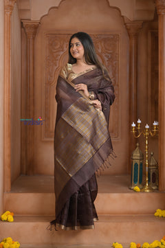Shubh Lakshmi ~ Handloom Cotton Silk Saree in Dark Brown and Gold