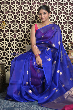 Shubh Lakshmi 2.0 ~ Handloom Pure Silk Kora Saree in Cyan Blue (Silk Mark Certified)