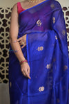 Shubh Lakshmi 2.0 ~ Handloom Pure Silk Kora Saree in Cyan Blue (Silk Mark Certified)