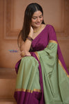 Shubh Lakshmi ~ Handloom Pure Mysore Silk Crepe Saree in Pista Green and Mauve Pink (Silk Mark Certified)