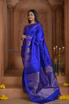 Shubh Lakshmi ~ Handloom Pure Silk Kanjivaram Temple Border Saree in Marine Blue (Silk Mark Certified)