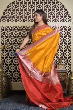 Shubh Lakshmi 2.0 ~ Handloom High Quality Pure Katan Silk Saree in Turmeric Yellow and Red (Silk Mark Certified)