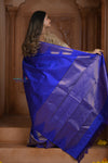 Shubh Lakshmi ~ Handloom Pure Silk Kanjivaram Temple Border Saree in Marine Blue (Silk Mark Certified)