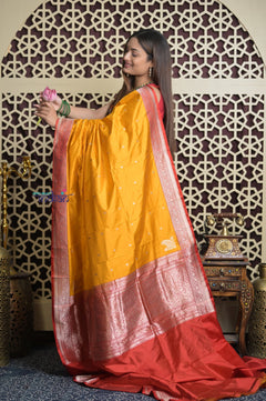 Shubh Lakshmi 2.0 ~ Handloom High Quality Pure Katan Silk Saree in Turmeric Yellow and Red (Silk Mark Certified)