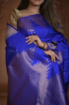 Shubh Lakshmi ~ Handloom Pure Silk Kanjivaram Temple Border Saree in Marine Blue (Silk Mark Certified)