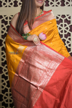 Shubh Lakshmi 2.0 ~ Handloom High Quality Pure Katan Silk Saree in Turmeric Yellow and Red (Silk Mark Certified)