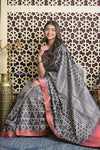 Shubh Lakshmi 2.0 ~ Handloom High Quality Pure Tussar Silk Saree with Digital Print in Black and White (Silk Mark Certified)