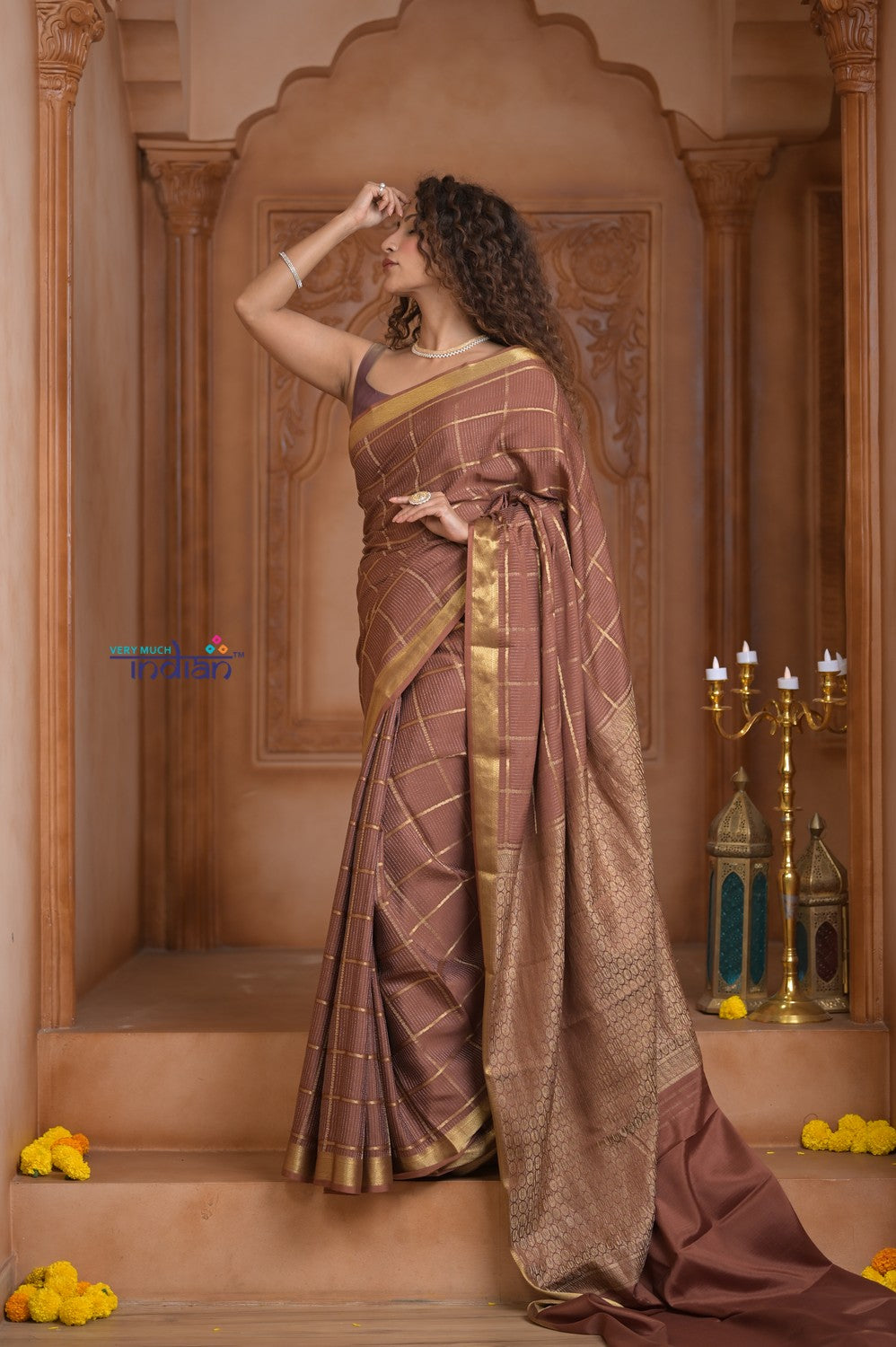 Shubh Lakshmi ~ Handloom Pure Mysore Silk Crepe Crushed Saree in Slaked Brown (Silk Mark Certified)