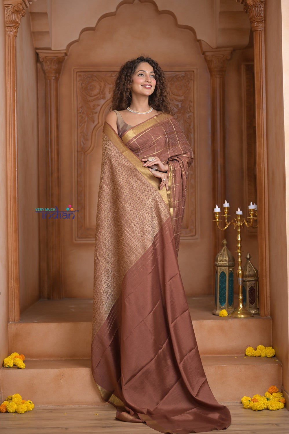 Shubh Lakshmi ~ Handloom Pure Mysore Silk Crepe Crushed Saree in Slaked Brown (Silk Mark Certified)