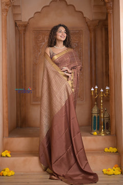Shubh Lakshmi ~ Handloom Pure Mysore Silk Crepe Crushed Saree in Slaked Brown (Silk Mark Certified)
