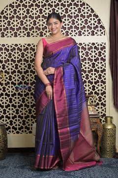 Shubh Lakshmi 2.0 ~ Handloom High Quality Pure Soft Silk Saree in Marine Blue and Maroon (Silk Mark Certified)