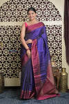Shubh Lakshmi 2.0 ~ Handloom High Quality Pure Soft Silk Saree in Marine Blue and Maroon (Silk Mark Certified)