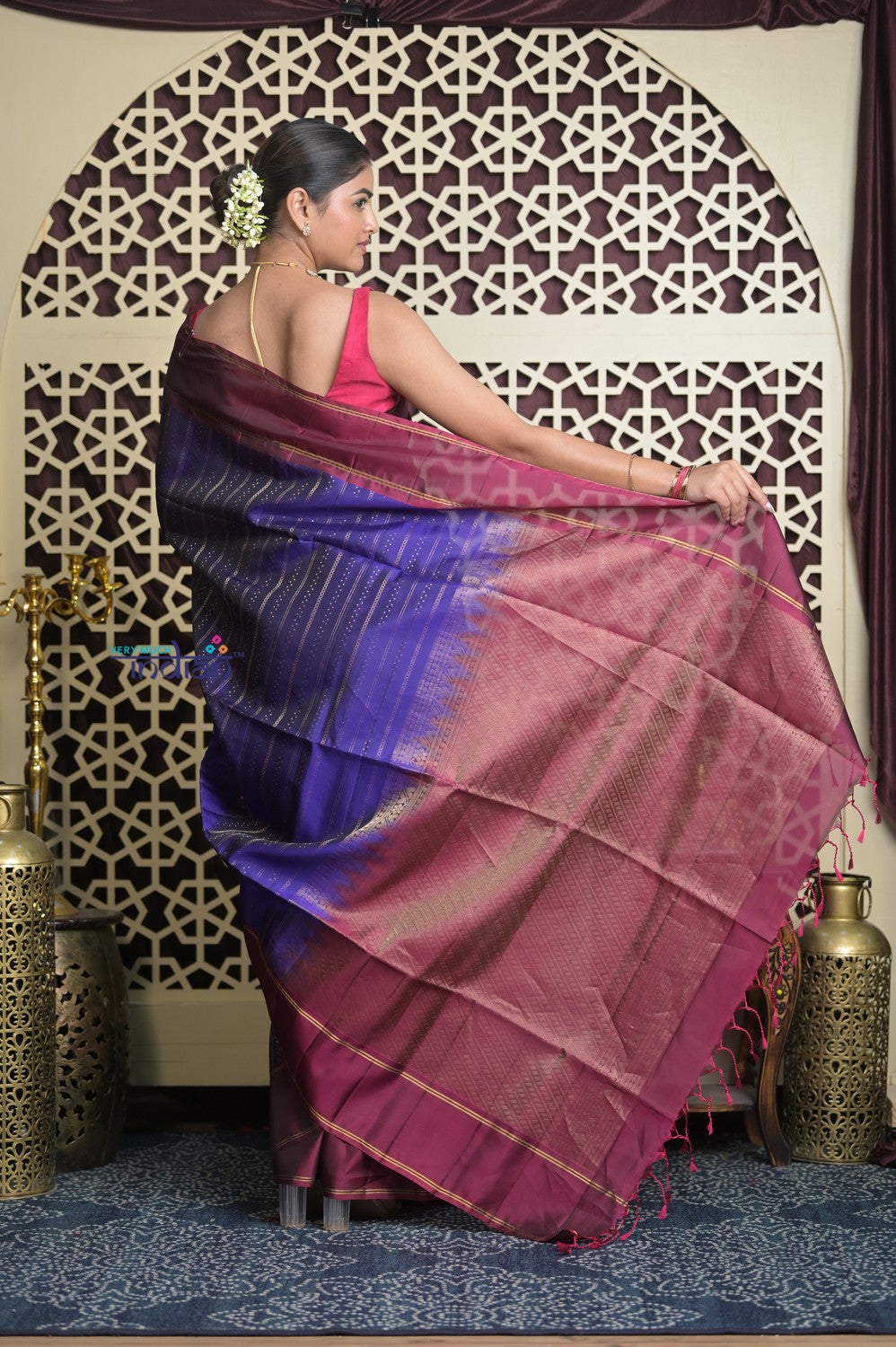 Shubh Lakshmi 2.0 ~ Handloom High Quality Pure Soft Silk Saree in Marine Blue and Maroon (Silk Mark Certified)