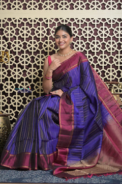 Shubh Lakshmi 2.0 ~ Handloom High Quality Pure Soft Silk Saree in Marine Blue and Maroon (Silk Mark Certified)