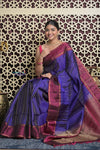 Shubh Lakshmi 2.0 ~ Handloom High Quality Pure Soft Silk Saree in Marine Blue and Maroon (Silk Mark Certified)