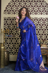 Shubh Lakshmi 2.0 ~ Handloom Pure Silk Kora Saree in Ink Blue (Silk Mark Certified)