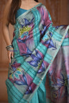 Shubh Lakshmi ~ Handloom Matka Tussar Silk Saree with Floral Handpaint in Sky Blue