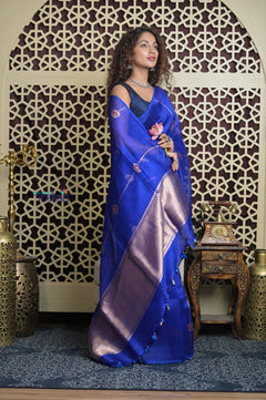 Shubh Lakshmi 2.0 ~ Handloom Pure Silk Kora Saree in Ink Blue (Silk Mark Certified)