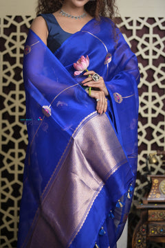 Shubh Lakshmi 2.0 ~ Handloom Pure Silk Kora Saree in Ink Blue (Silk Mark Certified)