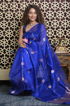 Shubh Lakshmi 2.0 ~ Handloom Pure Silk Kora Saree in Ink Blue (Silk Mark Certified)
