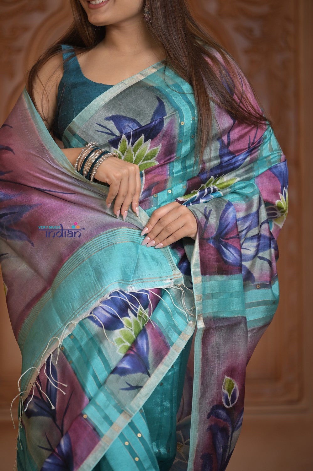 Shubh Lakshmi ~ Handloom Matka Tussar Silk Saree with Floral Handpaint in Sky Blue