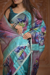 Shubh Lakshmi ~ Handloom Matka Tussar Silk Saree with Floral Handpaint in Sky Blue